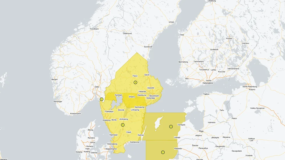 Den gula varningen under måndagskvällen.