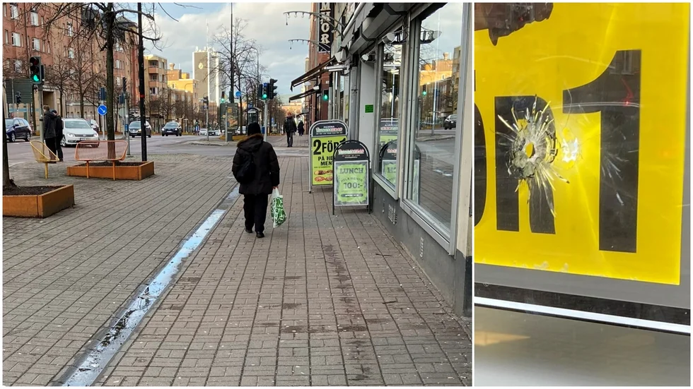 Ett skotthål i glaset skvallrar om förra nattens händelser på Kungsgatan.