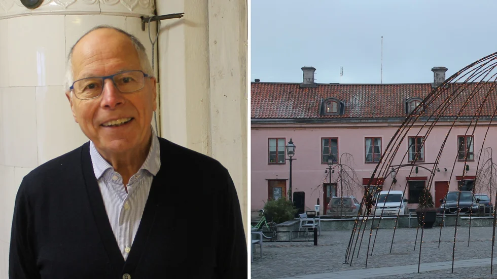 Ulvåsabon Anders Neumüller visar sina kollage i en utställning i det rosa huset vid Stora Torget i Vadstena.