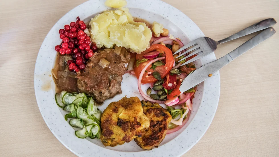 Här ser vi en tallrik med skolmat som ger näring och ork: Pannbiff på hönsfärs, panerad sej, rårörda lingon och pensionärsgurka. 
