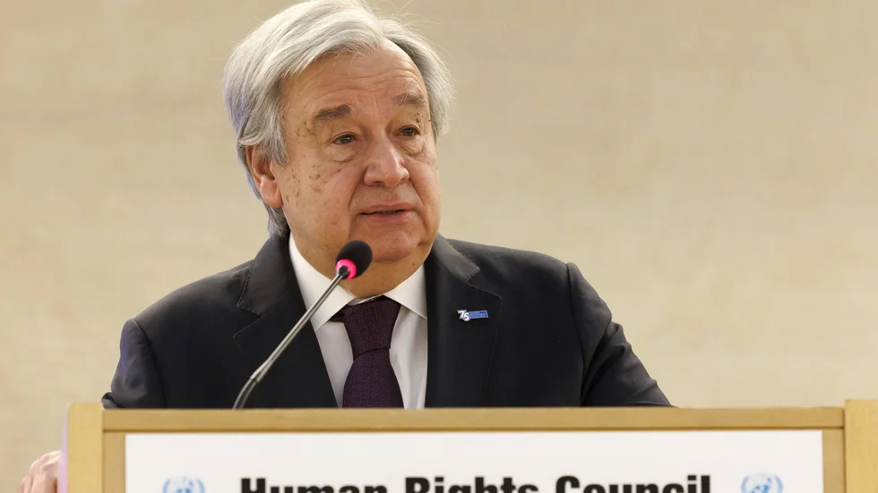 FN:s generalsekreterare António Guterres öppnar den 52:a sessionen med FN:s råd för mänskliga rättigheter i Genève i Schweiz.