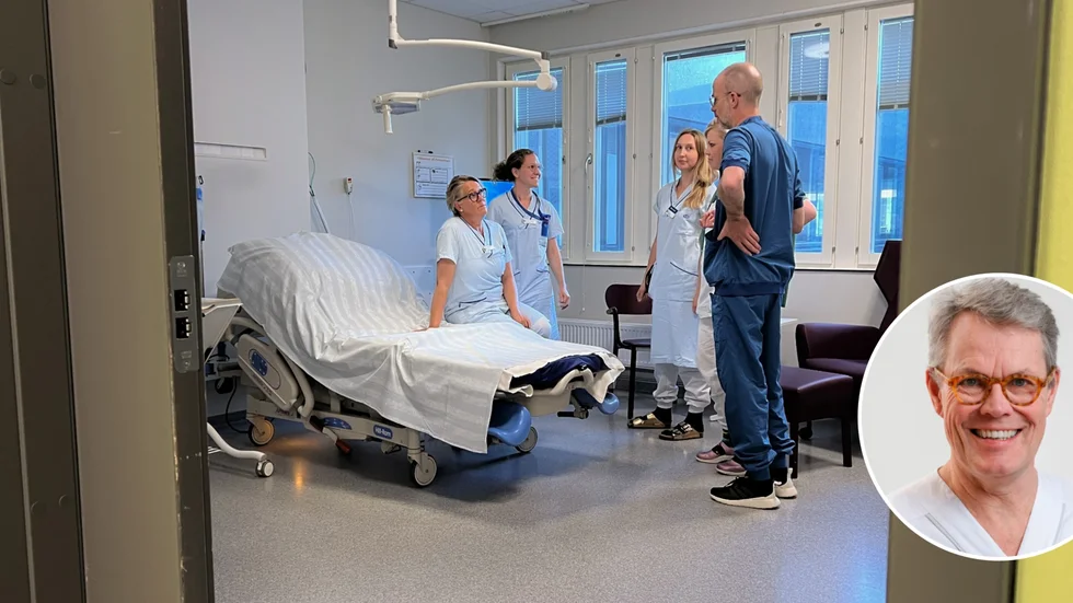 Den som är med i studien och får vara hemma under latensfasen har ett rum stående på förlossningen i väntan på att nästa fas ska komma igång. På bilden ses överläkaren Eric Hildebrand och personal på Universitetssjukhuset i Linköping, som också ingår i studien. Infälld syns Michael Algovik, verksamhetschef på kvinnokliniken vid Västerviks sjukhus.