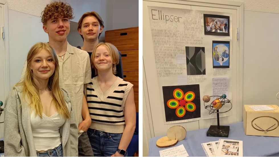 Klasskamraterna Tilde Nilsson, Einar Ekström Wärnström, Rufus Frode och Anna-Lisa Lundqvist med sin presentation av ellipsen som KTH ville behålla.