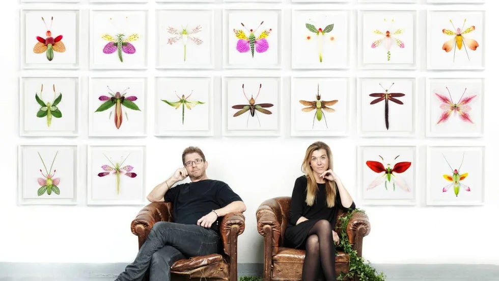 Blomfjärilar. Konstnärerna Peter Ericsson och Linnea Persson framför sina blomfjärilar.