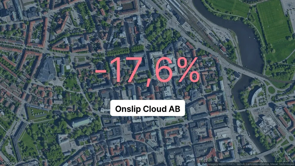 Illustrationen visar rörelsemarginalen för Onslip Cloud för det senaste året. Bakgrunden är en satellitbild över företagets adress.