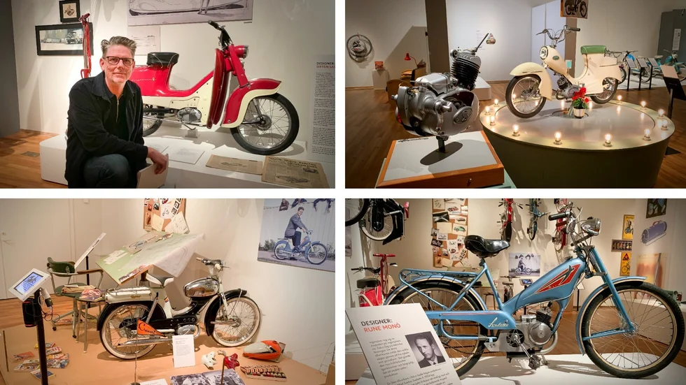 Utställningens producent Claes Johansson vid en väldesignad moped av Sixten Sason. Uppe till höger: Björn Karlströms moped tillsammans med klassikern - Sachs-motorn. Nere till vänster: En annan av Björn Karlströms mopeder. Till höger: Design av Rune Monö.