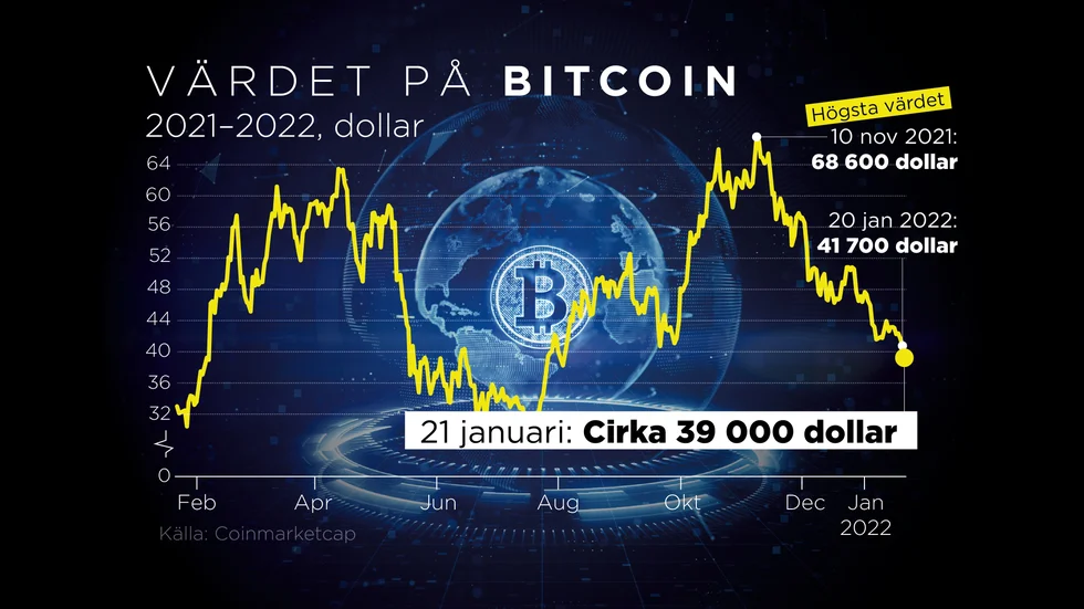 Värdeutvecklingen på den största kryptovalutan bitcoin under ett år.