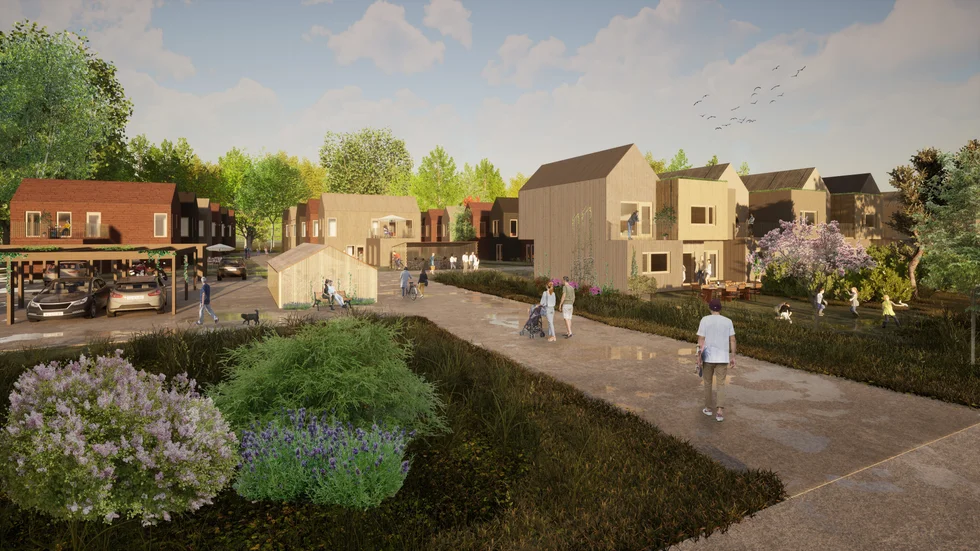 Ett helt nytt bostadsområde med nästan 100 bostäder planeras i Inskogen i Oxelösund. Bilderna är tidiga idéskisser på hur byggföretaget tänker sig att det skulle kunna se ut.