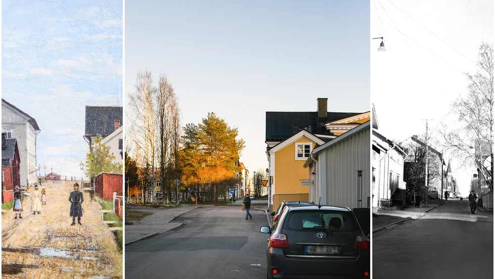 Köpmangatan i Luleå. Samma motiv speglats från olika tidsepoker. Från vänster ses Otto Hesselboms målning från 1888, följt av Simon Eliassons fotografi från 2021 och till vänster ses Arvid Mobergs bild från 1951. 
