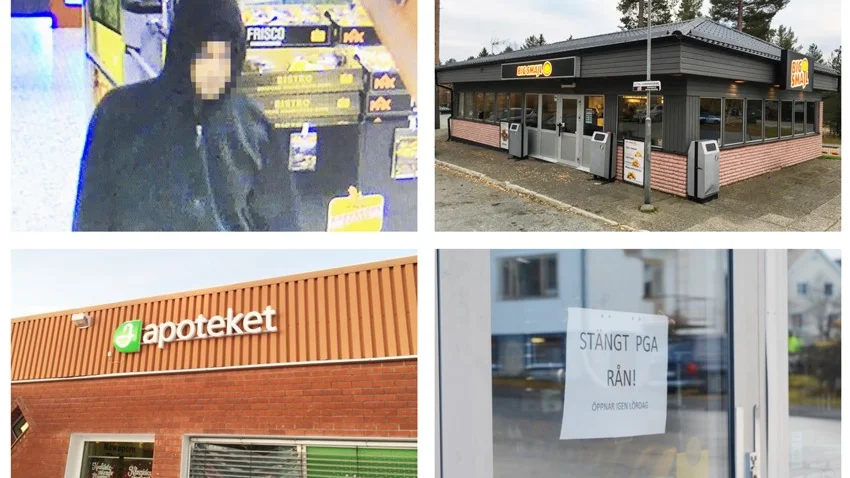 Bilden överst till vänster: Ur polisens förundersökning från Apotek Hjärtat. Bilden till vänster från Big Smajl, Moröhöjden. Foto: Hans Berggren. Längst ner till vänster: Apotek Tärnan. Foto: Lina Andersson. Längst ner till höger från OKQ8, Boliden. Foto: Karin Israelsson
