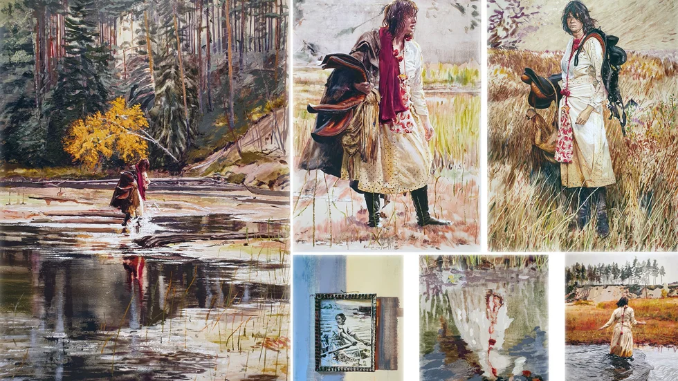 Till vänster ”The Walker”, olja på duk från 2021, övre från vänster ”In the Distance”,på duk 2021 och ”Retrieving What’s Mine”, olja på duk 2021, nedre från vänster ”A Drifters Banner”, olja på papper 2021, ”First Image”, olja på duk 2021 och ”The Storm Within”, olja på duk 3031.