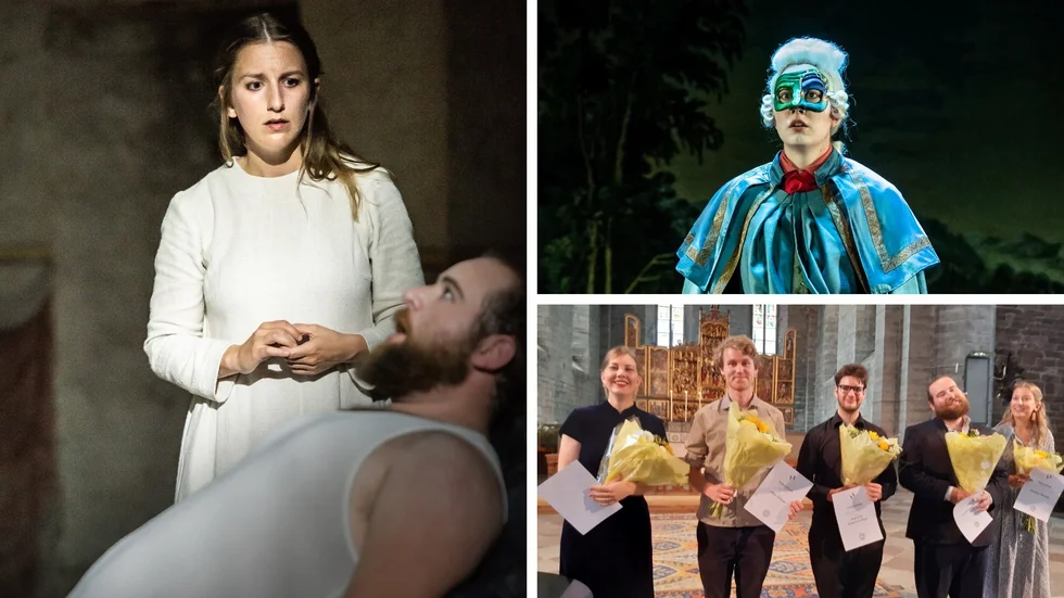 Josefine Mindus och Jonah Spungin i "Breaking the Waves" , Lovisa Huledal i "Il colore fa la regina", båda operor hos Vadstena-Akademien sommaren 2022. Nederst till vänster syns de och de andra som prisbelönades vid Vadstena-Akademiens Vänners stipendieutdelning till medverkande i och till operorna. 