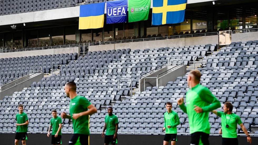 FC Vorskla under en träning på Tele2 Arena inför Europa Conference League kvalet mot AIK. Arkivbild.