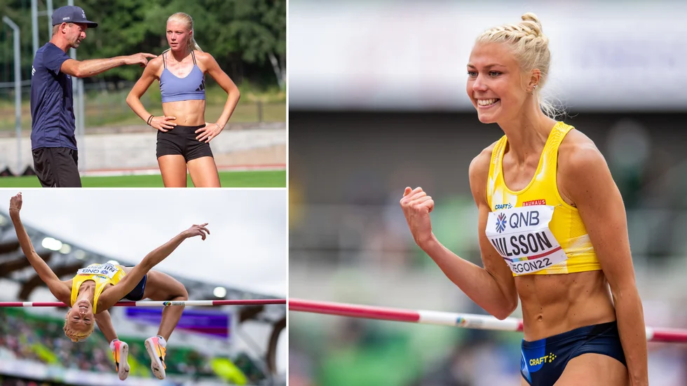 Maja Nilsson ser fram mot SM där hon kan vinna sitt första guld utomhus under dagarna i Norrköping. Övre bilden till vänster tillsammans med tränaren Yannick Tregaro.