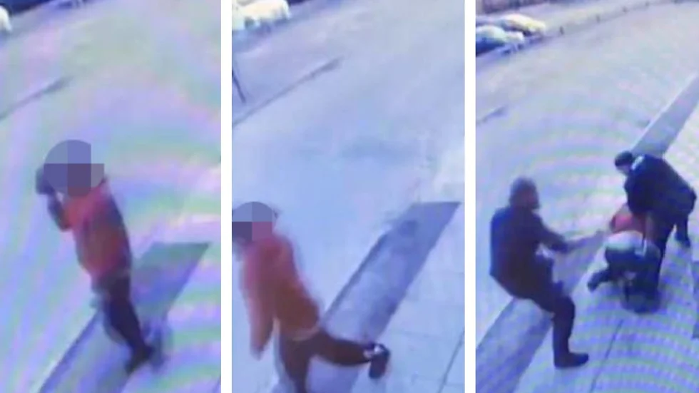 28-åringen filmades av en övervakningskamera när han närmade sig en polis med en sten i handen. (Bilderna är hämtade ur förundersökningen.)