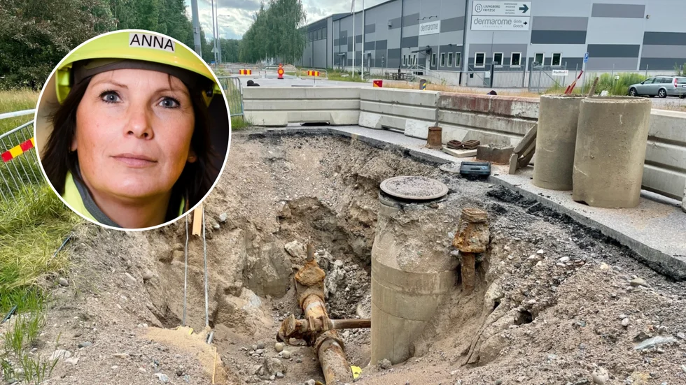 Industrigatan är fortsatt avstängd. Arbetet står just nu stilla. På bild syns också Anna Axelsson. 
