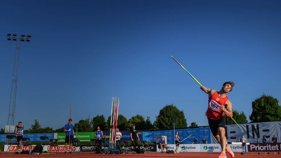 Kim Amb, Bålsta IK, tävlar i herrarnas spjut final under Friidrotts-SM.
