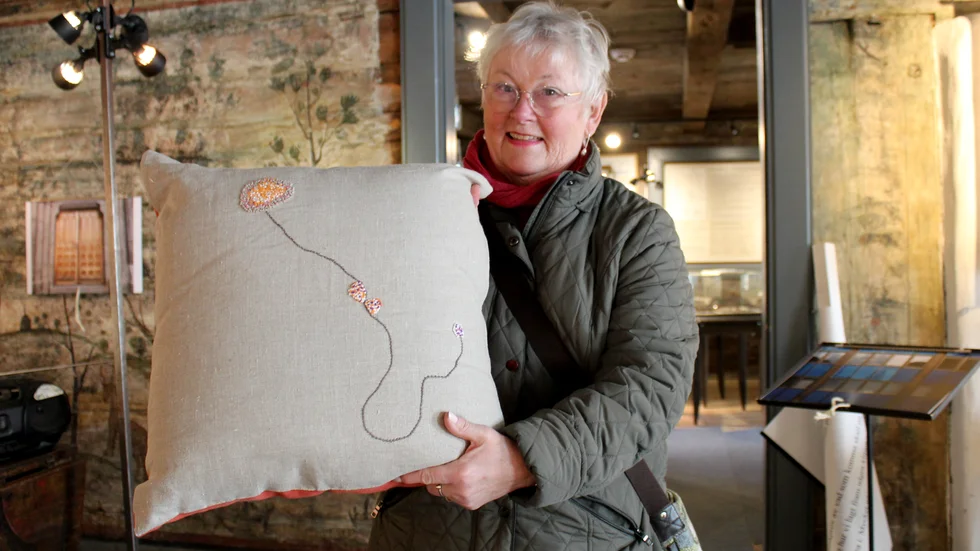 Agneta Kullgard har broderat en stor del av hennes liv. Under pandemin har hon bland annat broderat coronavirus på kuddar. 