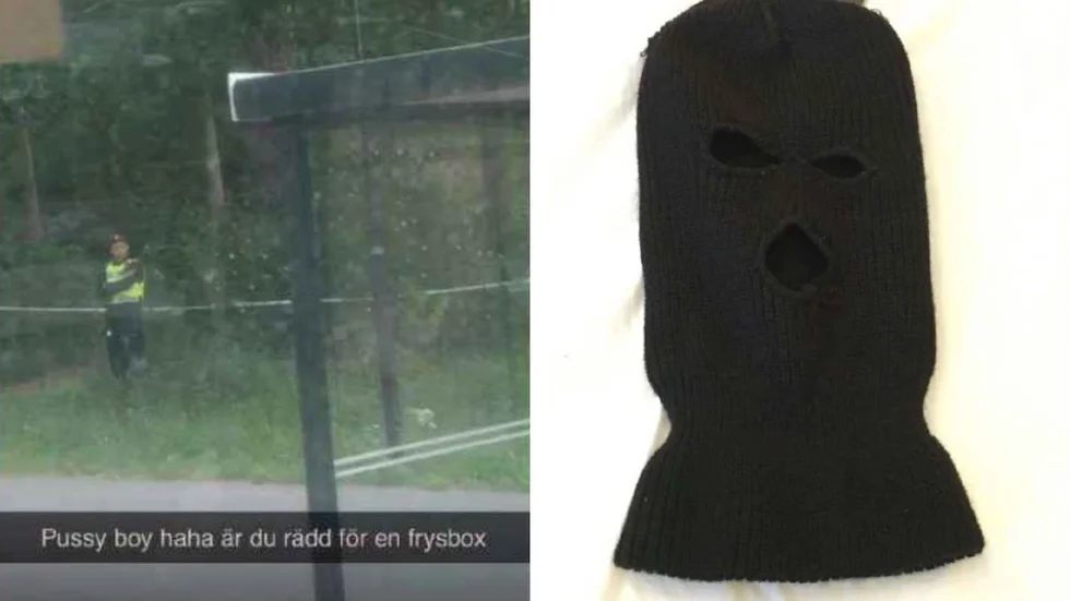 En av de åtalade misstänks ha tagit en bild på en polis som bevakade avspärrningarna. I bilden lade han till en hånfull kommentar. I 16-åringens bostad hittade polisen dessutom denna rånarluva som tonåringen ska ha burit under natten då bombattrappen placerades ut. 