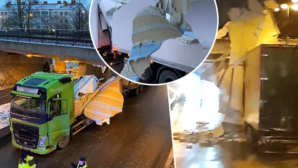 En långtradare blev kraftigt demolerad efter en krasch mot viadukten på Carlavägen/Vasavägen i Eskilstuna på fredagsmorgonen.
