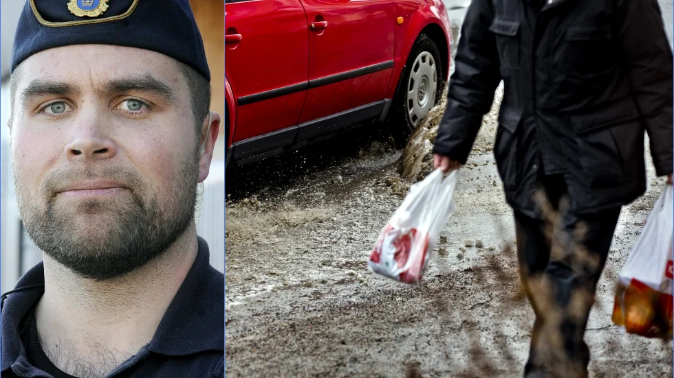 Per Hartman, trafikpolis i Norrbotten berättar att det är straffbart att stänka ner en fotgängare med vatten. Vad man får för straff är däremot oklart.