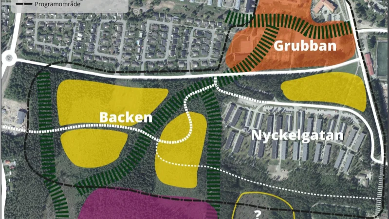 Gult är platser för nya hus, främst lägenheter. Vita streck visar nya gator. Orange område är rekreation, idrott och Sunnanåskolans utbyggnad. Rosa är Rösberget.