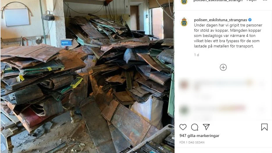 "Ett bra fyspass" blev det för de som lastade den beslagtagna metallen, enligt inlägget på Instagramkontot tillhörande polisen i Eskilstuna och Strängnäs. 