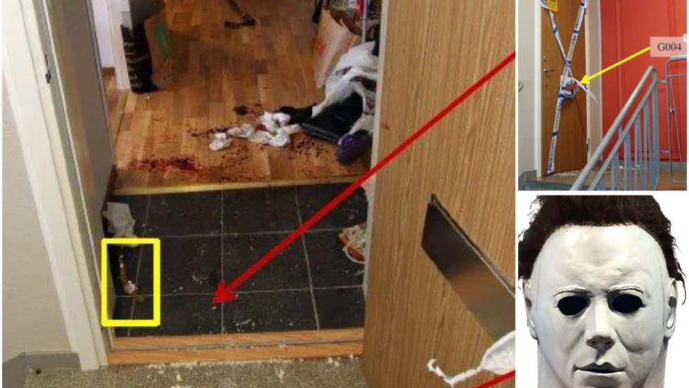 Det var massvis med blod både i lägenheten och en del även i trapphuset. Ett vittne har sagt att masken på bilden liknar den som några av gärningsmännen avvände.