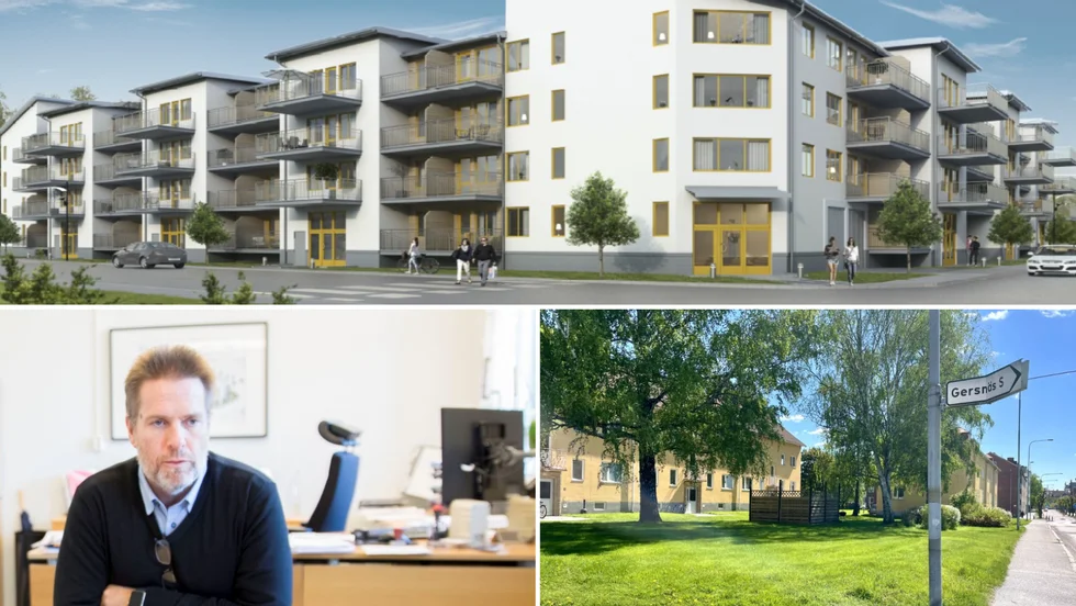 Roof arkitekter har gjort en idéskiss på hur det nya flerbostadshuset kan se ut. KFAB:s vd Ingmar Eriksson vill riva de gamla 50-talshusen i korsningen Bievägen/Stensättersgatan och ersätta dessa med ett nytt hästskoformat hus. Marken de köpt är cirka 4 750 kvadratmeter.