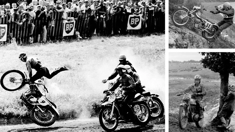 Stora bilden: 4 juli 1966 på Dunteberget i Motala och VM-deltävling i motocross för 250-kubikare. Det blev succé med 8 000 i publiken och ekonomisk vinst. på bilden är Jan Liljedahl från Upplands Väsby i dagens enda olycka. Uppe till höger: LMS-trialföraren Stig Igelström under en landskamp mot Finland på Sviestad.  Nere till höger: 27 september 1953 anordnades en motocrosstävling i Berga söder om Linköping.