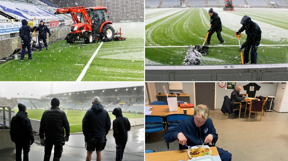 De fyras gäng har rena drömjobbet och kan följa sitt favoritlag på bästa plats från "brandkårshörnan" på arenan, men för kvartetten blev det en ovanlig premiärdag med snöyran över Norrköping och Platinumcars Arena.