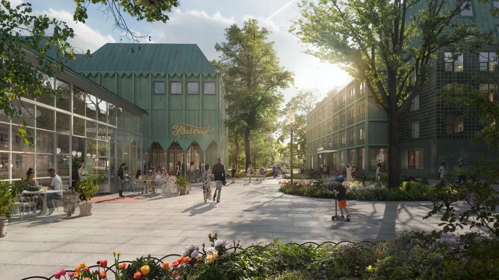 Så här kan Flustret, till vänster, och marken där Svandammshallarna i dag står, till höger, se ut om några år.  Rakt fram ligger Stadsträdgården. Den slutgiltiga utformningen kan bli annorlunda. 