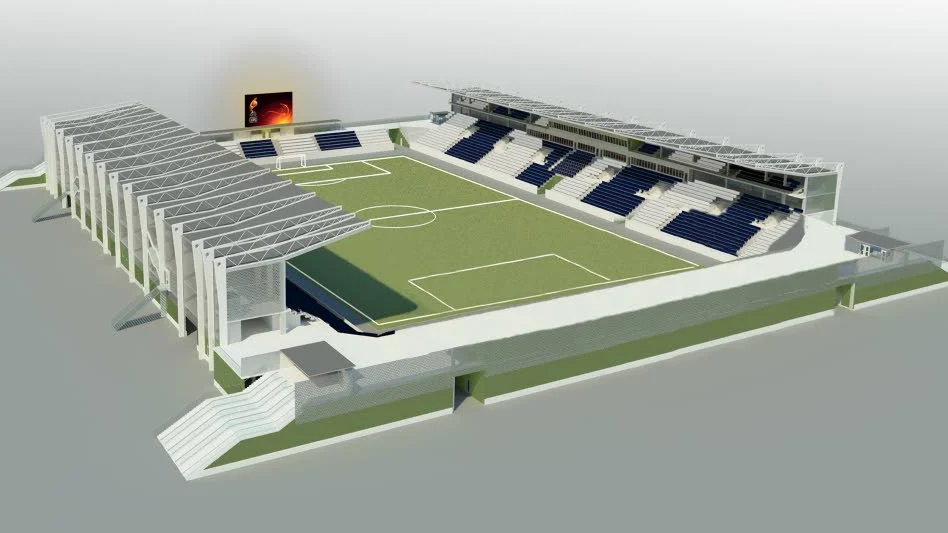 Linköping Arena. Avtalet anger en låg höjd för södra kortsidan, enligt bilden, skriver Michael Cocozza. Illustration: Botrygg AB