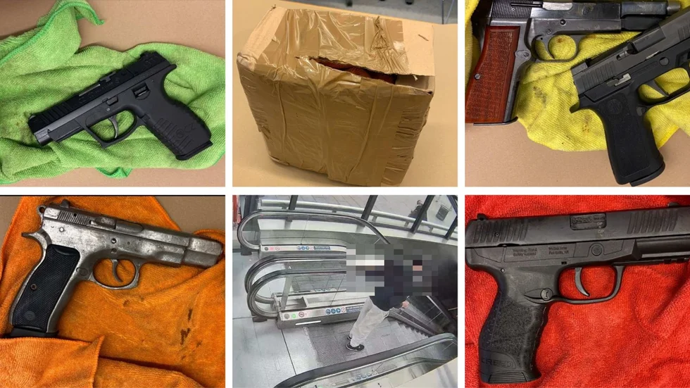 Pistolerna som låg i tygbitar i kartongen. Nedre bilden i mitten visar katrineholmaren utan väska, på väg mot Köpenhamnståget på Malmö central. 