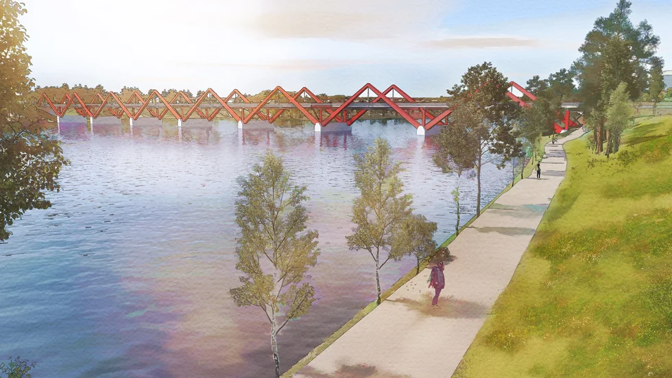 Karlgårdsbron, som den är tänkt att se ut. Den är tänkt att tas i trafik under sommaren 2027.