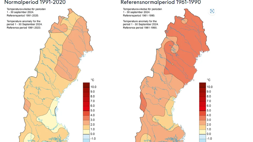 September har varit 2-3 grader varmare än normalt i Norrbotten. Jämfört med den gamla referensperioden skiljer det 4-5 grader.