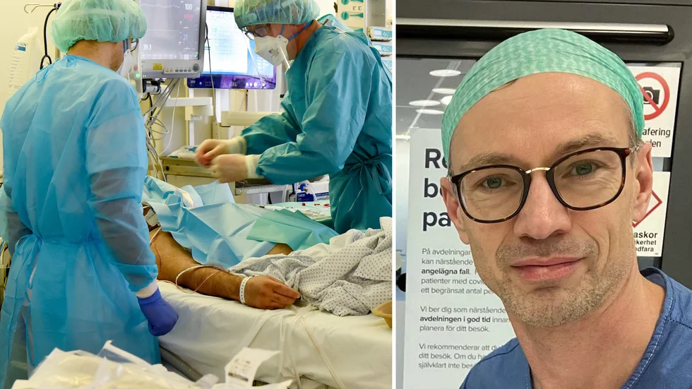 Martin Garland (th), intensivvårdsläkare på Capio Sankt Göran. Till vänster en covidpatient vid Universitetssjukhuset i Leipzig, i november 2021.