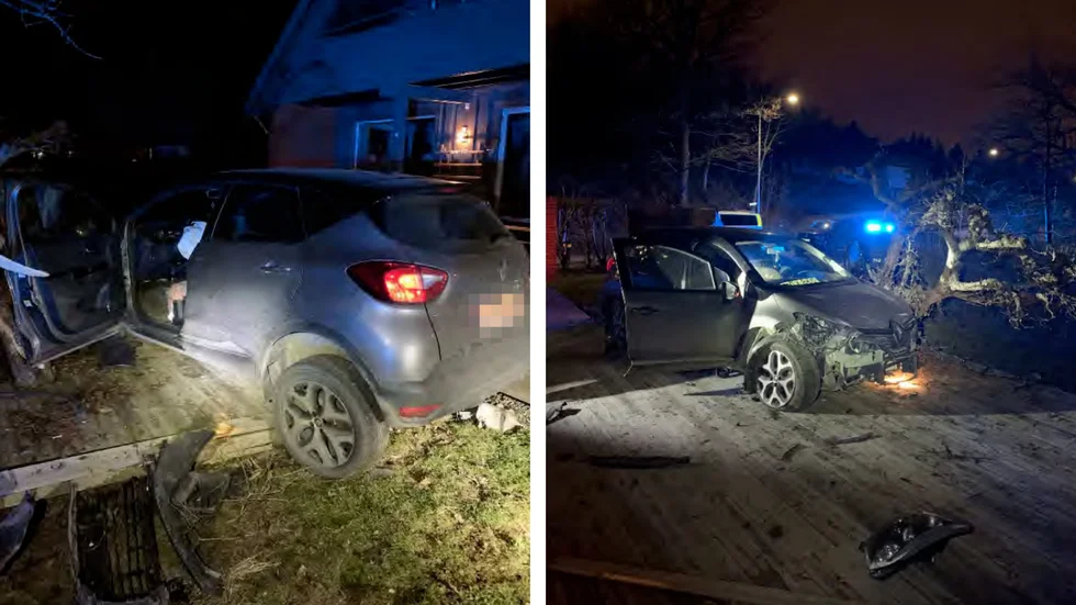 Den 16-årige pojken körde in i ett plank och vidare in i en villaträdgård. (Bilderna är hämtade ur förundersökningen.) 