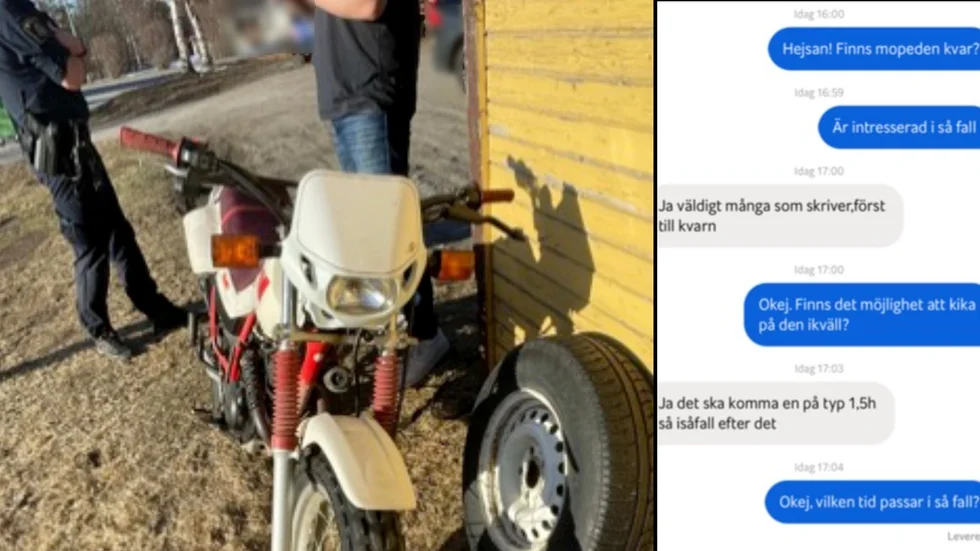 En moped till salu, en intresserad köpare – men denne var en polis. Istället för att få göra en mopedaffär dök en polispatrull upp hemma hos 24-åringen i ett samhälle utanför Skellefteå. Chattkonversationen (till höger) inleddes vid 16-tiden, ett par timmar senare slog polisen till.