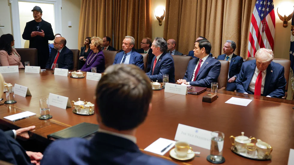 Elon Musk talar under president Trumps regeringsmöte i Vita huset.
