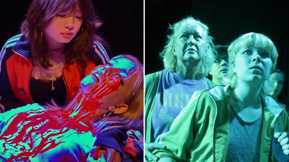 Melanie (Evelina Belekova) och Kimberly (Wilma Stenberg) har stora roller i skräckteatern "Fabriken" som handlar om ett gasutsläpp i Skärblacka. Till höger Agneta (Helena Haag) och Jessa (Alva Edström).