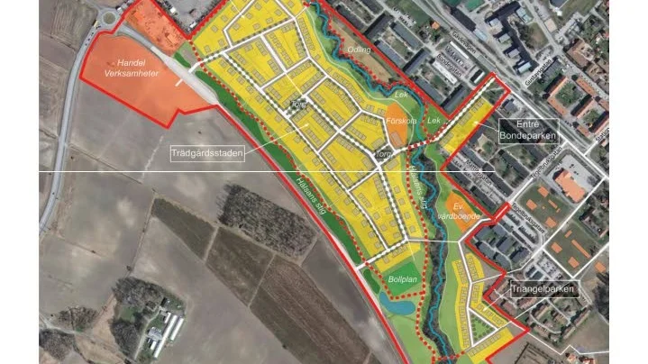 Trädgårdsstad. Visionen för den nya trädgårdsstaden Siggboområdet. Kartangivelser som Tivoliparken, Norra och Södra villorna är än så länge endast arbetsnamn. Illustration: White Arkitekter