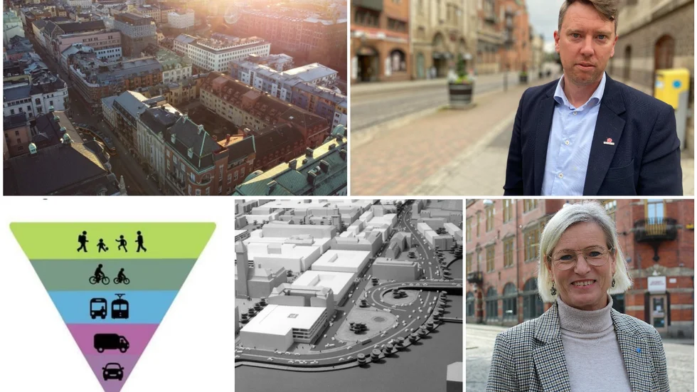 En ny trafikstrategi är viktig för den växande staden, menar Olle Vikmång (S) och Eva-Britt Sjöberg (KD). Triangeln visar förslag på prioritetsordning på trånga platser, där bilen hamnar lägst, i kontrast till den svartvita visionsbilden för 1990 från 1964, med bilen i centrum.