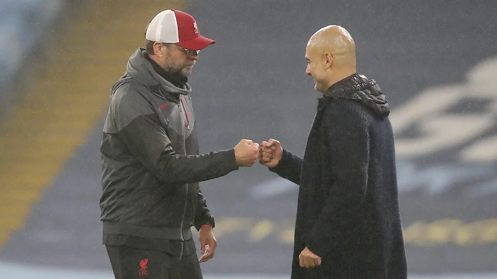 Snart möts de igen, två gånger om, Liverpools manager Jürgen Klopp och Manchester City Pep Guardiola. Arkivbild.