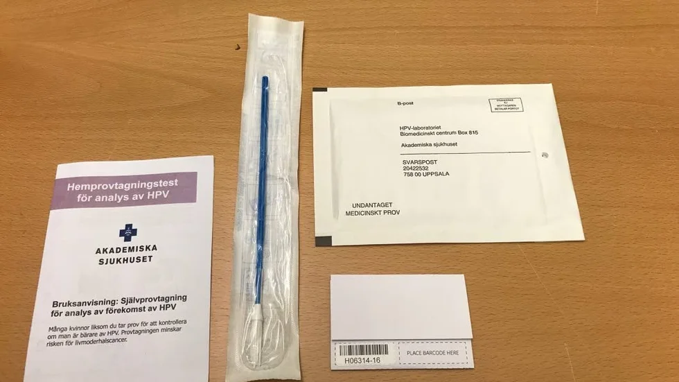 Med en liten provpinne tar kvinnan själv ett prov på vaginalsekret, som sedan skickas in för analys av hpv-virus.