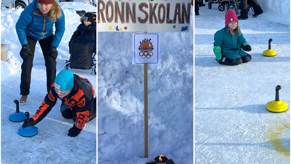 Till vänster: Sara Rönnbäck hjälper Hjalmar Hjelte. I mitten: Rönnskolans egen OS-eld. Till höger: Hedvig Ingvarsson är fokuserad.