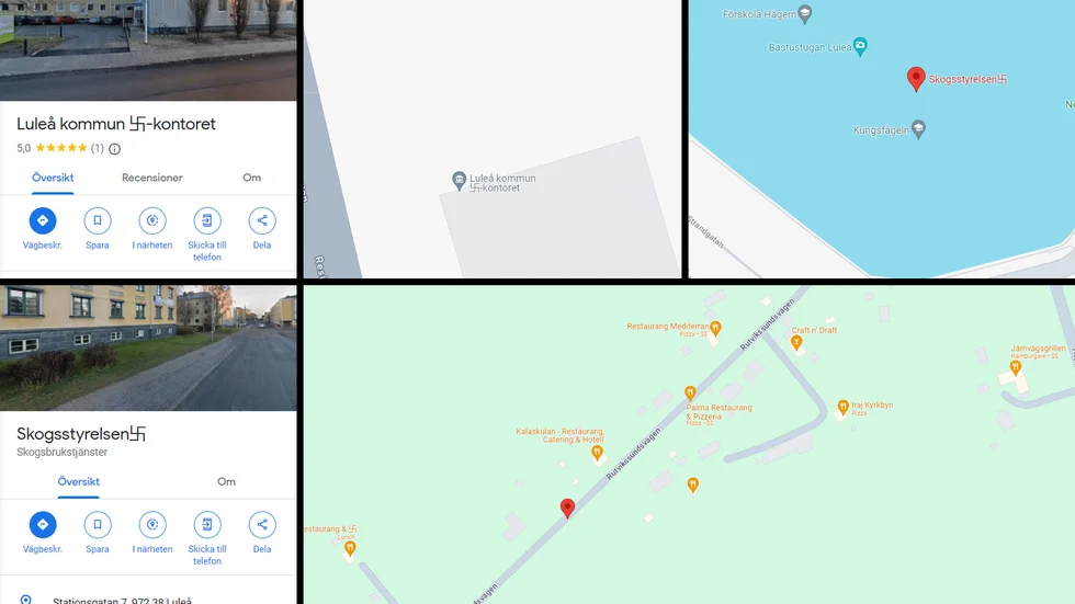 Flera företag i Luleå har fått hakkors i namnen i Googles karttjänst. Dessutom har positionerna ändrats.