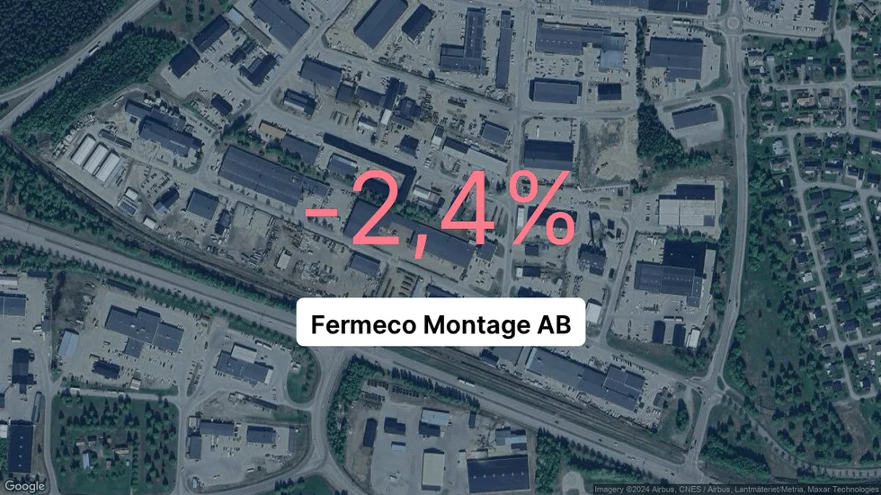 Illustrationen visar rörelsemarginalen för Fermeco Montage för det senaste året. Bakgrunden är en satellitbild över företagets adress.