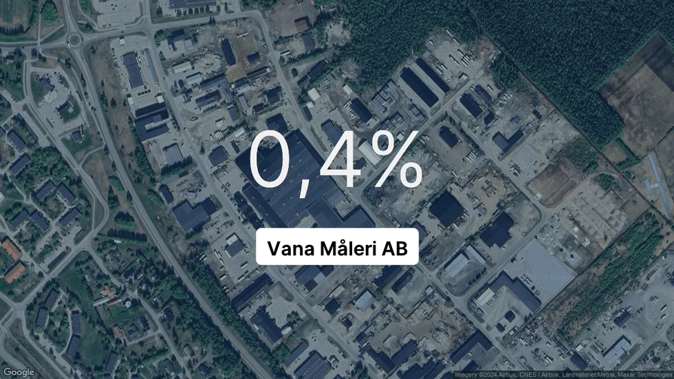 Illustrationen visar rörelsemarginalen för Vana Måleri för det senaste året. Bakgrunden är en satellitbild över företagets adress.