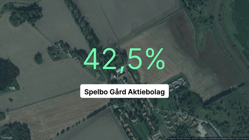 Illustrationen visar rörelsemarginalen för Spelbo Gård för det senaste året. Bakgrunden är en satellitbild över företagets adress.